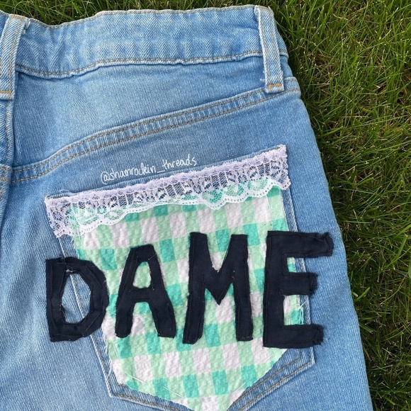 Notre Dame patchwork lace gingham denim jean mini skirt - Picture 8 of 10